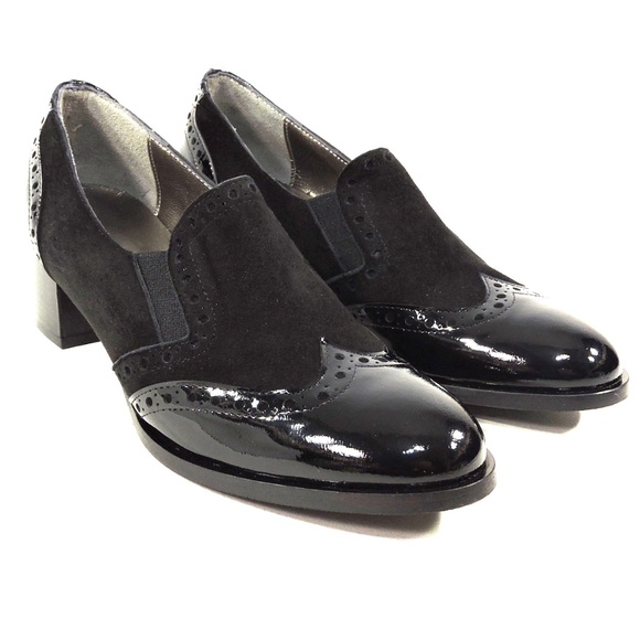 LUIGI TRAINI 🇮🇹 WOMENS BLACK PATENT LEATHER AND SUEDE COMFORT HEELED LOAFERS - Picture 2 of 8